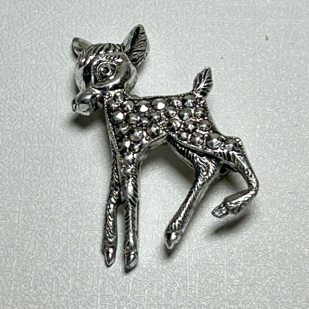 Vintage Bambi Fawn Pin Marcasite Made in Germany SilverTone Metal